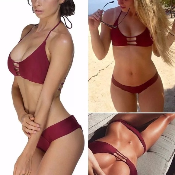 Wine Strappy Caged Bikini 2Pc Swimsuit - Picture 2 of 5